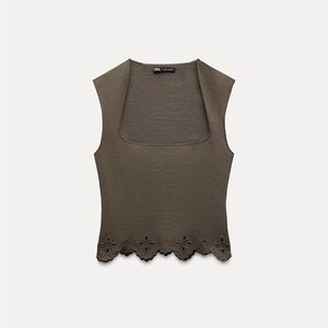 Zara Olive Sleeveless Top with Scalloped Hem